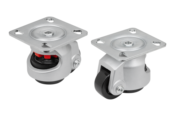 Lifting wheels with integrated fixed adjustable foot for aluminum profiles